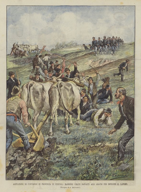 Unruhen von Bauern in der Provinz Perugia, menschliche Barrieren vor den Pflügen, um die Arbeit zu verhindern von Achille Beltrame