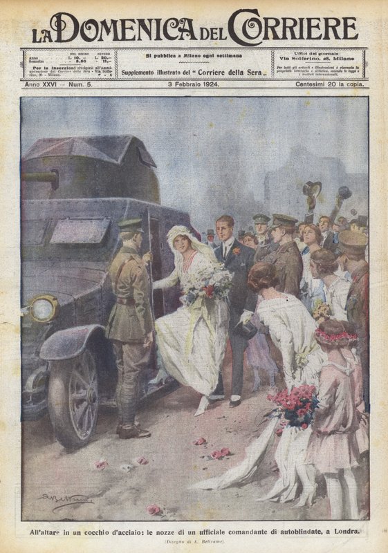 Am Altar in einer Stahlkutsche, die Hochzeit eines Offiziers, Kommandant von Panzerwagen, in London von Achille Beltrame