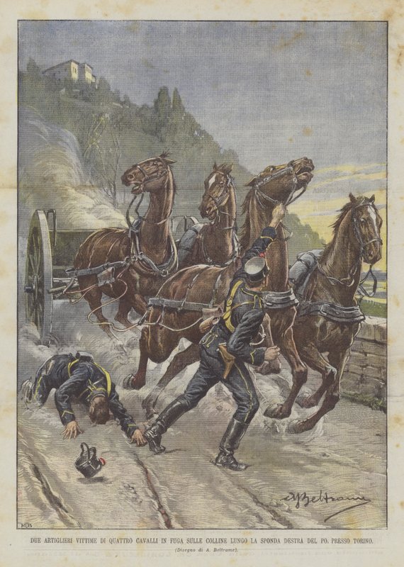 Zwei Artilleristen Opfer von vier durchgehenden Pferden auf den Hügeln entlang des rechten Ufers des Po bei Turin von Achille Beltrame