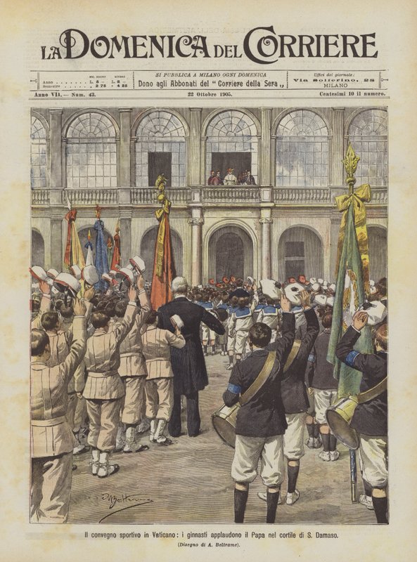 Das sportliche Treffen im Vatikan, die Turner applaudieren dem Papst im Hof von S. Damaso von Achille Beltrame