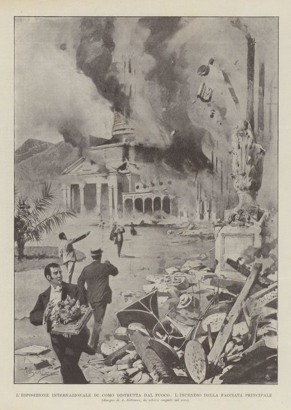 Die Internationale Ausstellung Von Como Durch Feuer Zerstört, Der Brand Der Hauptfassade von Achille Beltrame