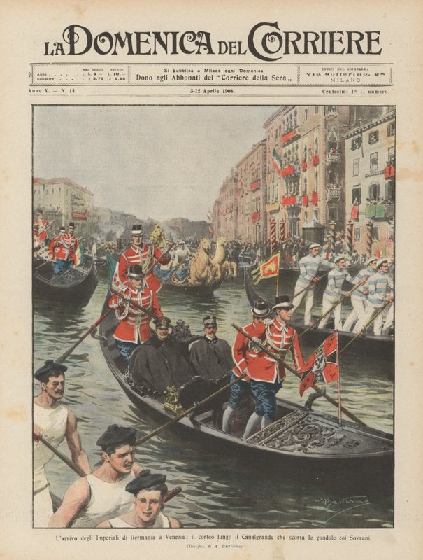 Die Ankunft der deutschen Kaiser in Venedig, der Umzug entlang des Canal Grande, der die Gondeln mit den Herrschern eskortiert von Achille Beltrame