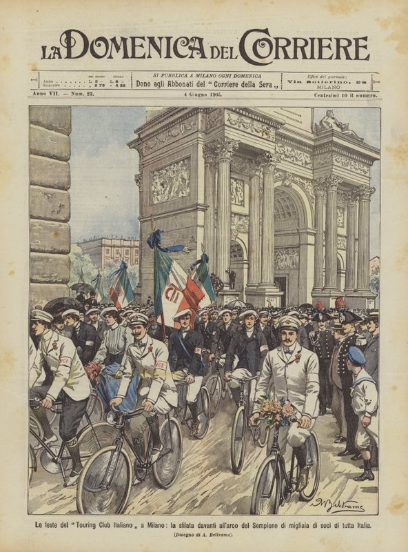 Die Feste des Touring Club Italiano in Mailand, der Umzug vor dem Simplonbogen von Tausenden von Achille Beltrame