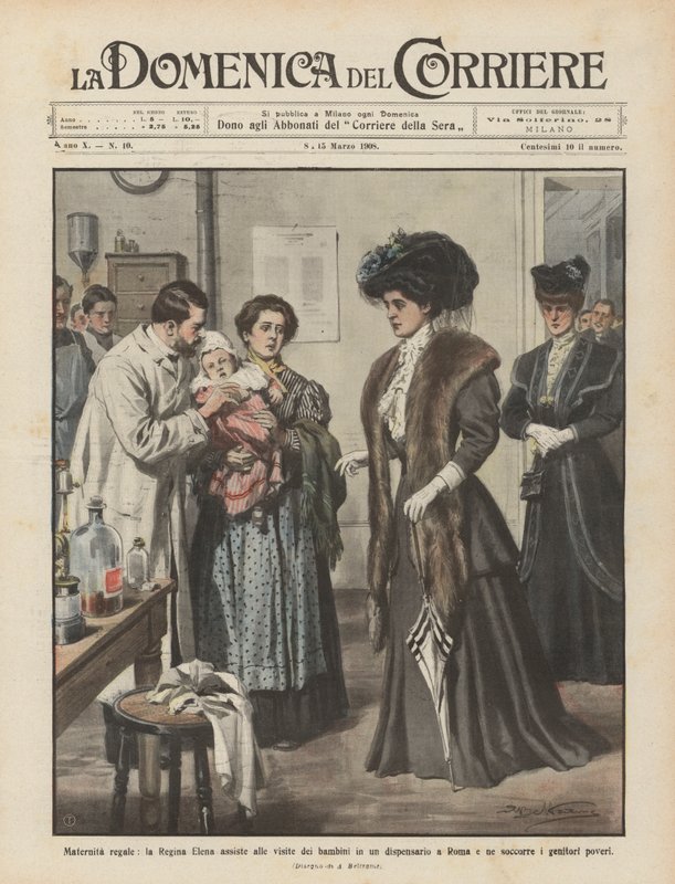 Königliche Mutterschaft, Königin Elena besucht die Kinder in einer Apotheke in Rom von Achille Beltrame