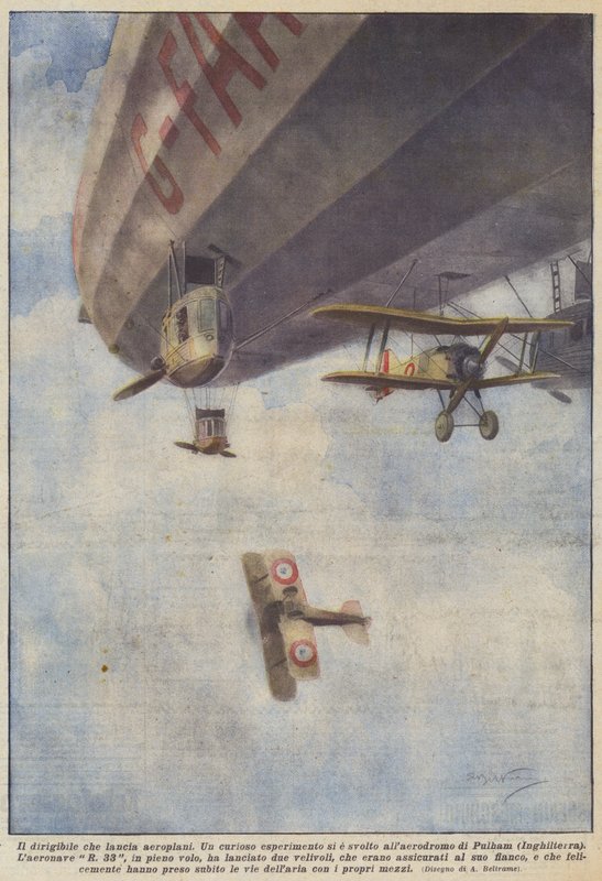 Das Luftschiff, das Flugzeuge abwirft von Achille Beltrame