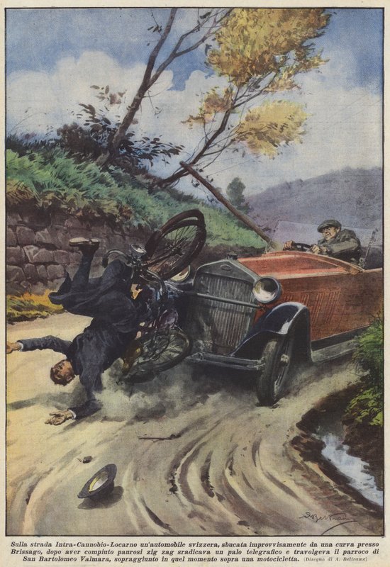 Auf der Straße Intra-Cannobio-Locarno, ein Schweizer Auto, das plötzlich aus einer Kurve kam von Achille Beltrame