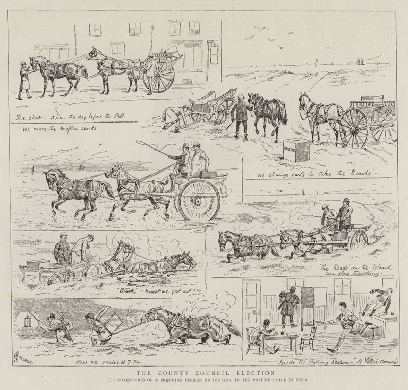 Die Wahl des County Council, die Abenteuer eines Wahlleiters auf dem Weg zum Wahllokal in Essex von Alfred Chantrey Corbould