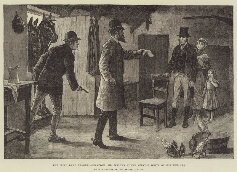 Die Agitation der Irish Land League, Mr. Walter Burke überreicht seinen Mietern Mahnungen von Aloysius O