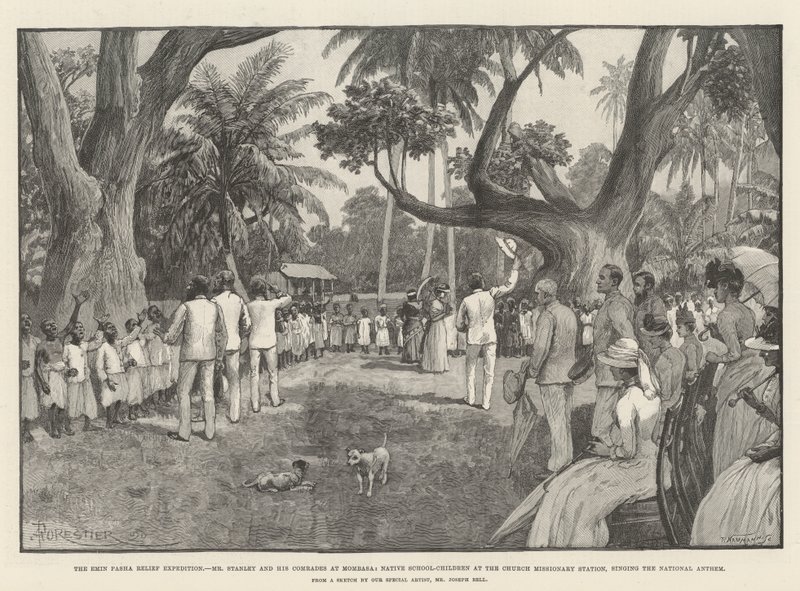 Die Emin-Pascha-Entlastungsexpedition, Mr. Stanley und seine Kameraden in Mombasa, einheimische Schulkinder an der Missionsstation der Kirche, die die Nationalhymne singen von Amedee Forestier