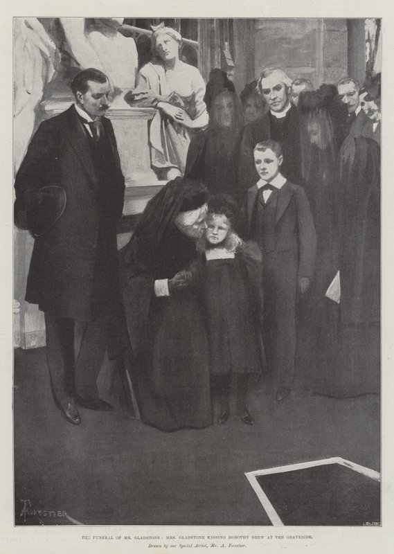 Die Beerdigung von Mr. Gladstone, Mrs. Gladstone küsst Dorothy Drew am Grab von Amedee Forestier