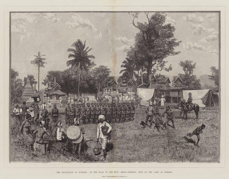 Die Besetzung von Burma, auf dem Weg zu den Rubinminen, Gesamtansicht des Lagers in Webong von Amedee Forestier