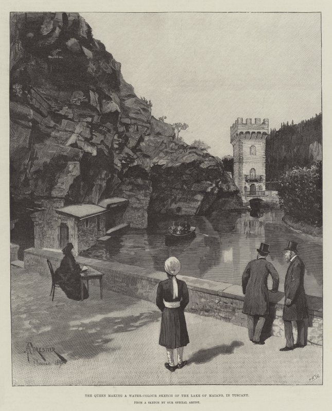 Die Königin malt eine Aquarellskizze des Maiano-Sees in der Toskana von Amedee Forestier