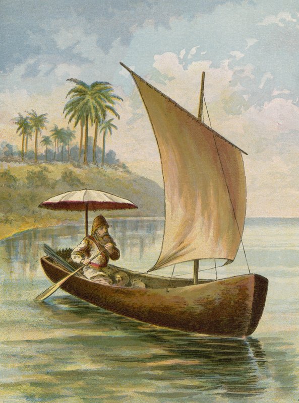 Robinson Crusoe segelt in seinem Boot von American School