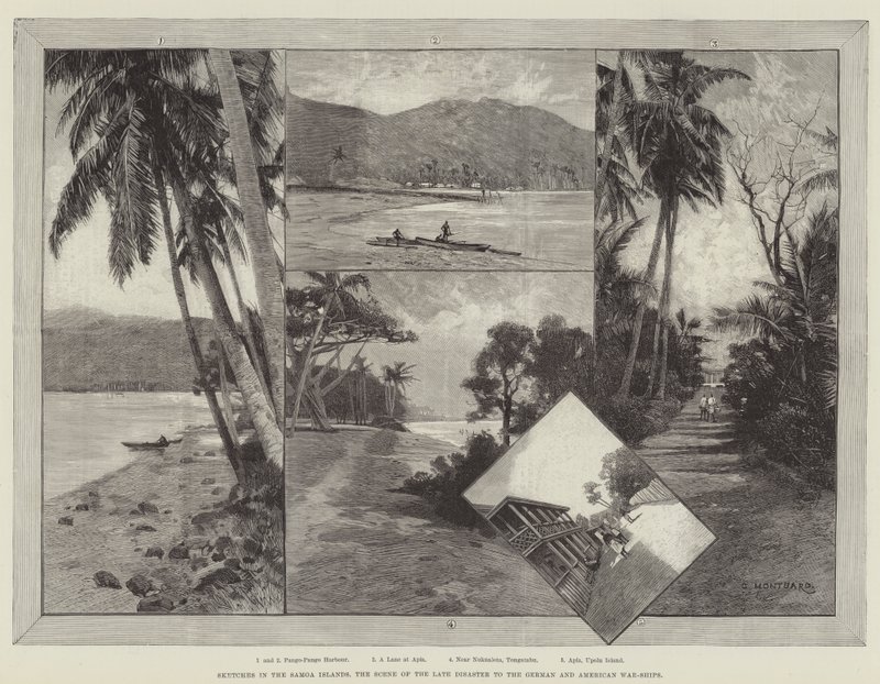 Skizzen auf den Samoa-Inseln, die Szene der jüngsten Katastrophe für die deutschen und amerikanischen Kriegsschiffe von Charles Auguste Loye