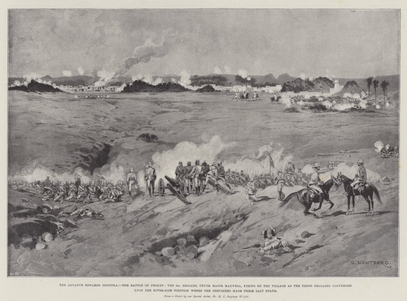 Der Vormarsch nach Dongola, die Schlacht von Ferket, die 3. Brigade unter Major Maxwell, die auf das Dorf feuert, als die drei Brigaden auf die Flussposition der Derwische zusteuerten von Charles Auguste Loye