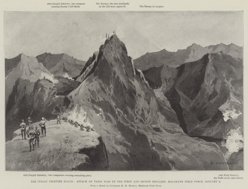 Der Aufstand an der indischen Grenze, Angriff auf den Tangi-Pass durch die erste und zweite Brigade, Malakand-Feldtruppe, 7. Januar von Charles Auguste Loye