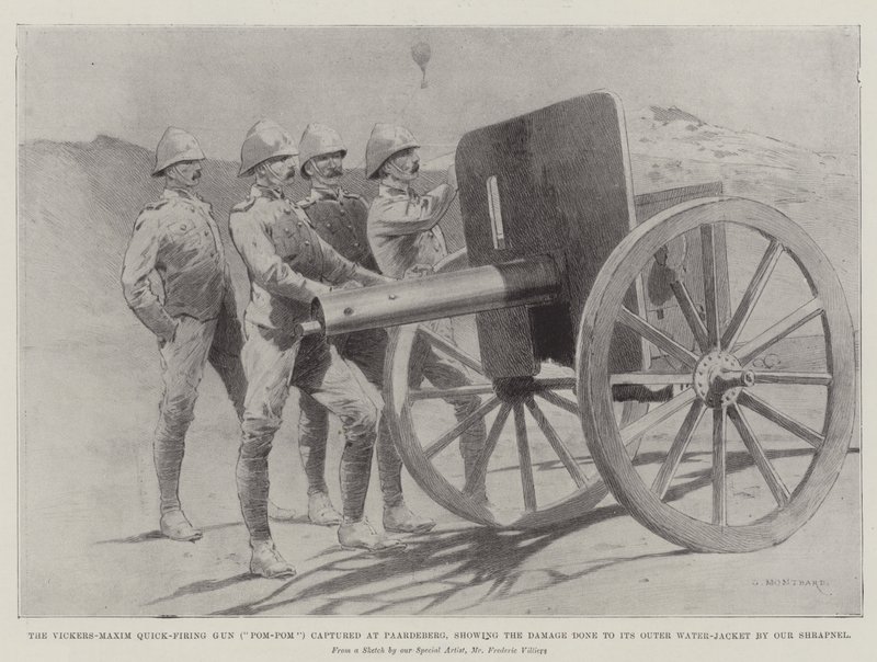 Die Vickers-Maxim Schnellfeuerkanone (Pom-Pom), erbeutet bei Paardeberg, zeigt die durch unser Schrapnell verursachten Schäden an der äußeren Wasserhülle von Charles Auguste Loye