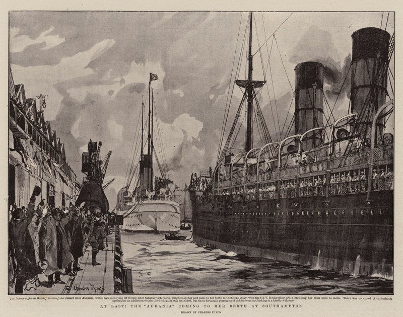 Endlich, die Aurania kommt an ihrem Liegeplatz in Southampton an von Charles Edward Dixon