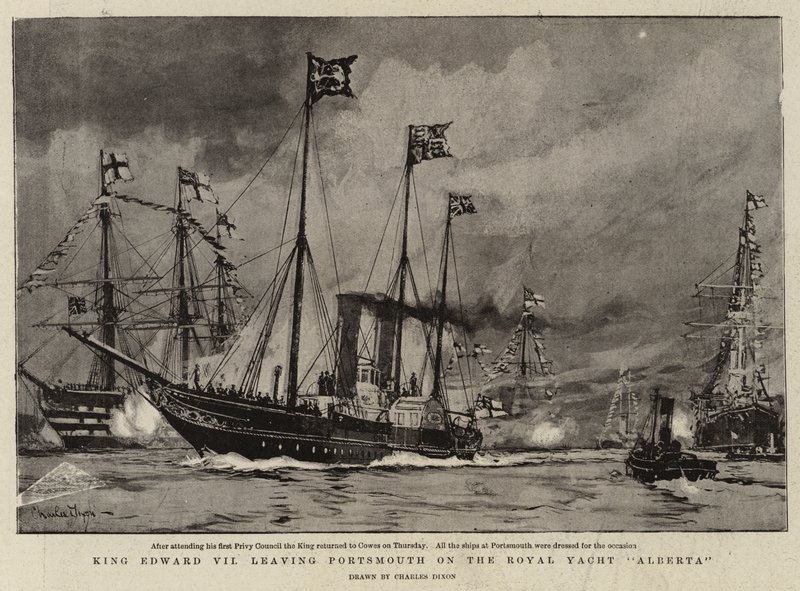 König Edward VII verlässt Portsmouth auf der königlichen Yacht Alberta von Charles Edward Dixon