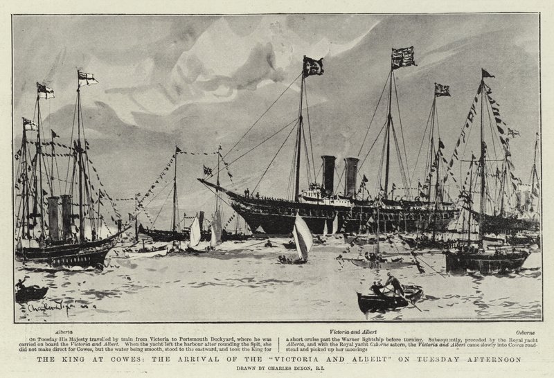 Der König in Cowes, die Ankunft der Victoria und Albert am Dienstagnachmittag von Charles Edward Dixon