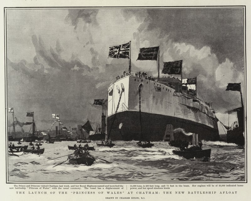 Der Stapellauf der Princess of Wales in Chatham, das neue Schlachtschiff schwimmt von Charles Edward Dixon