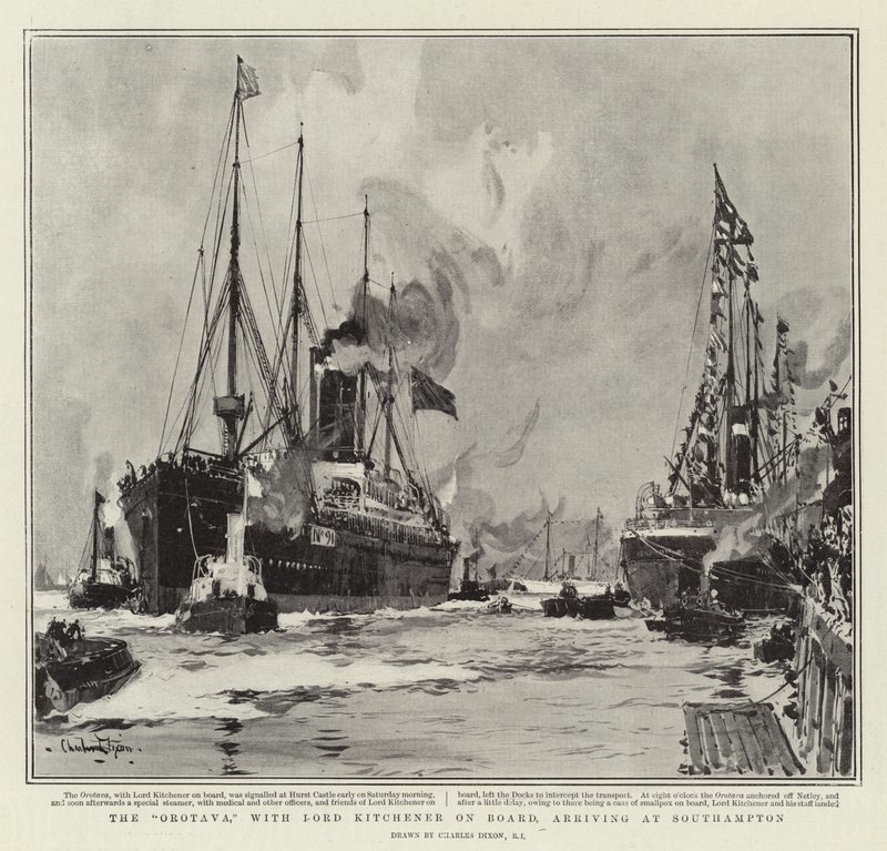 Die Orotava, mit Lord Kitchener an Bord, Ankunft in Southampton von Charles Edward Dixon