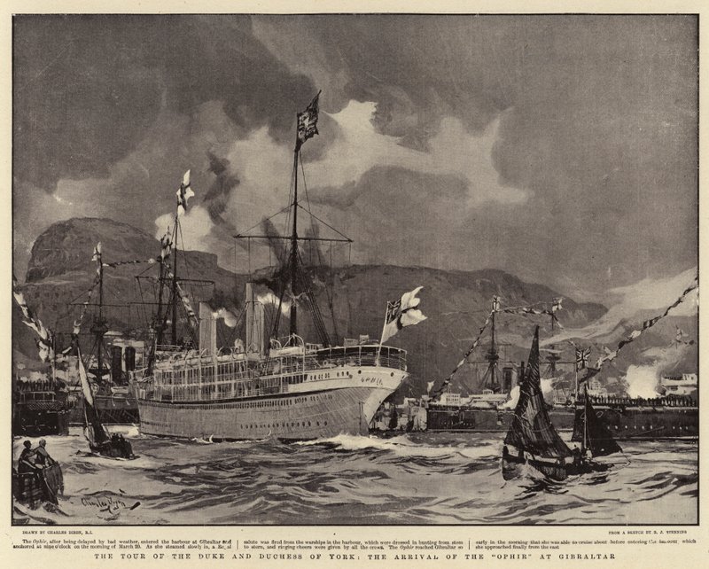 Die Reise des Herzogs und der Herzogin von York, die Ankunft der Ophir in Gibraltar von Charles Edward Dixon