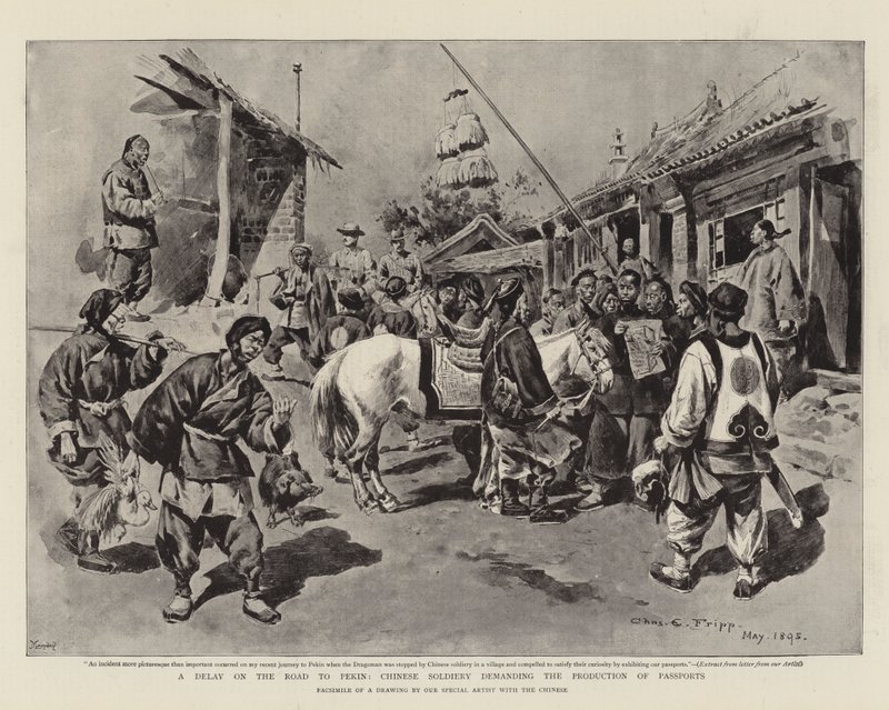 Eine Verzögerung auf dem Weg nach Peking, chinesische Soldaten fordern die Vorlage von Pässen von Charles Edwin Fripp