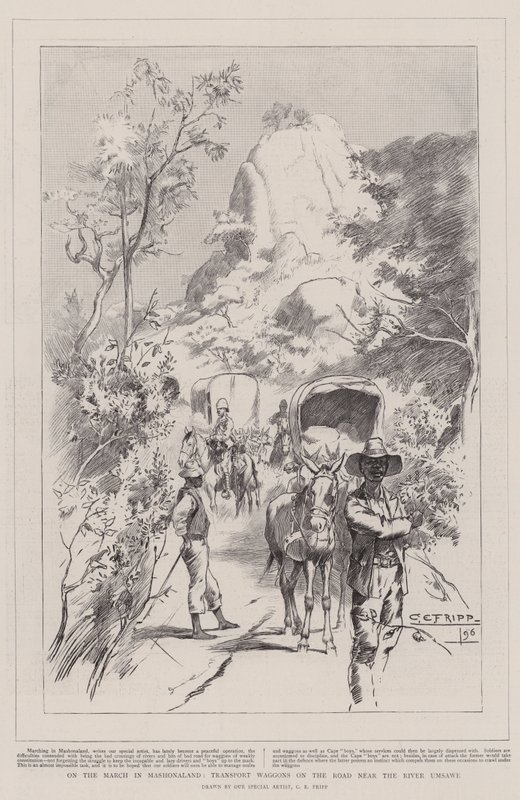 Auf dem Marsch in Mashonaland, Transportwagen auf der Straße nahe dem Fluss Umsawe von Charles Edwin Fripp