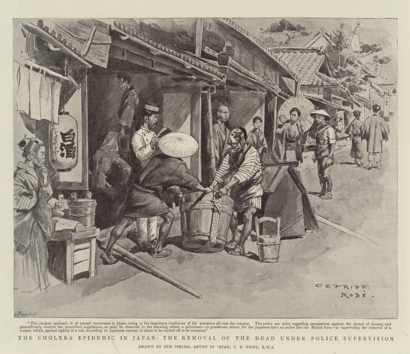Die Cholera-Epidemie in Japan, die Entfernung der Toten unter polizeilicher Aufsicht von Charles Edwin Fripp