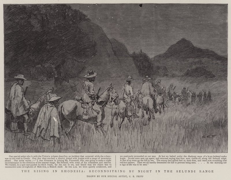 Der Aufstand in Rhodesien, Erkundung bei Nacht im Selundi-Gebirge von Charles Edwin Fripp