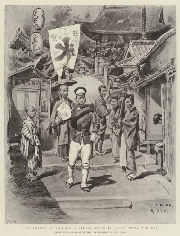 Die Süße des Sieges, eine Straßenszene in Japan nach dem Krieg von Charles Edwin Fripp