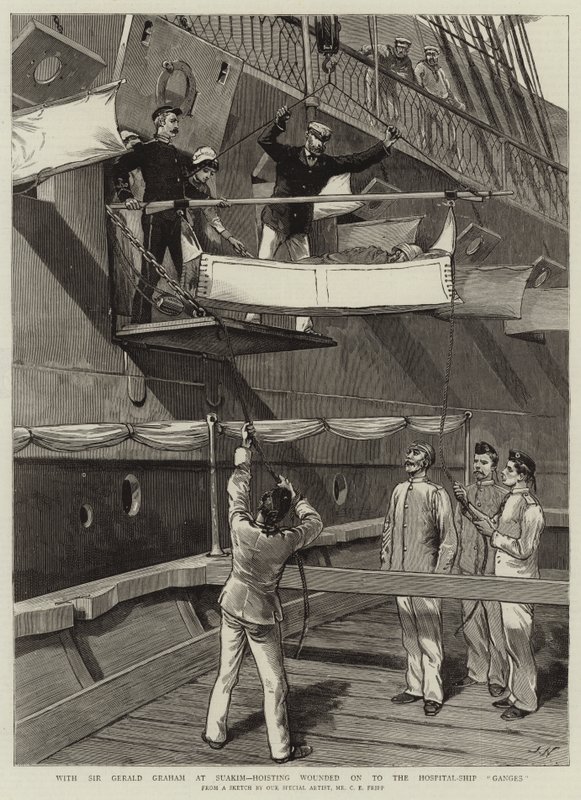 Mit Sir Gerald Graham in Suakim, Verwundete auf das Hospitalschiff Ganges hieven von Charles Edwin Fripp