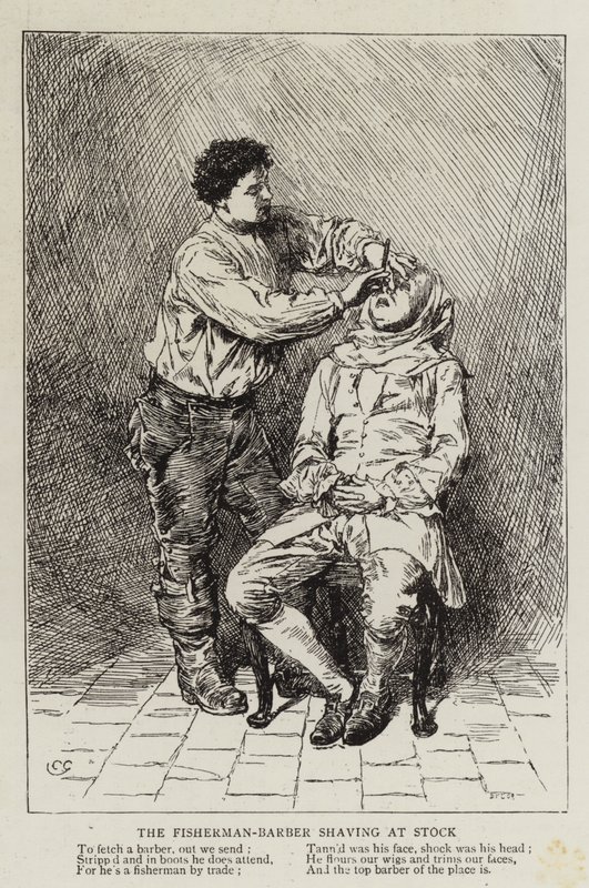 Der Fischer-Barbier beim Rasieren in Stock von Charles Green