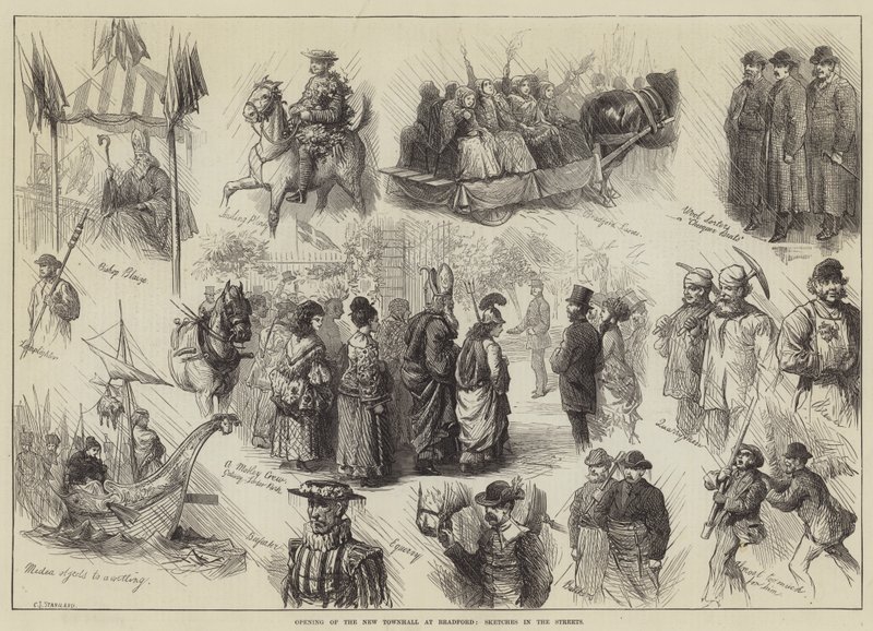 Eröffnung des neuen Rathauses in Bradford, Skizzen auf den Straßen von Charles J. Staniland