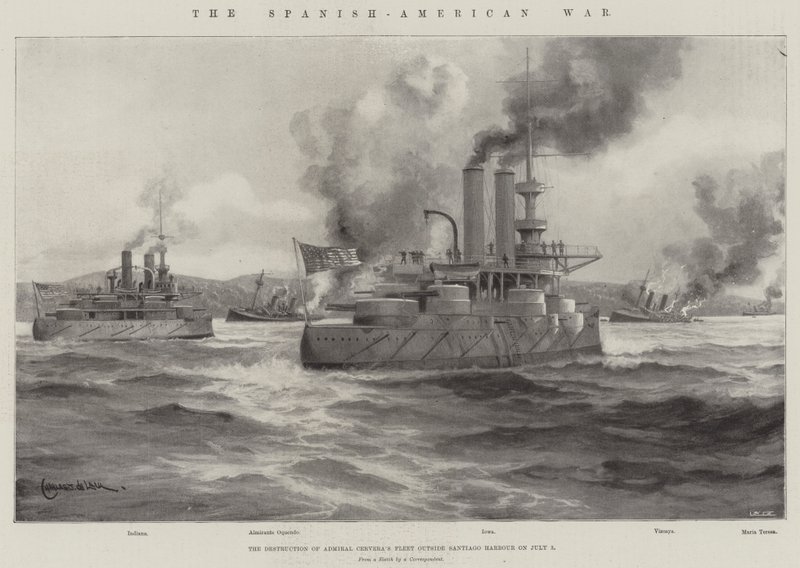 Der Spanisch-Amerikanische Krieg, die Zerstörung der Flotte von Admiral Cervera vor dem Hafen von Santiago am 3. Juli von Charles John de Lacy
