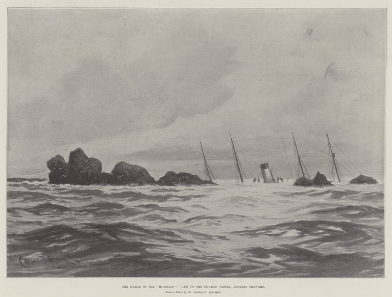 Das Wrack der Mohegan, Ansicht des gesunkenen Schiffes, seewärts blickend von Charles John de Lacy