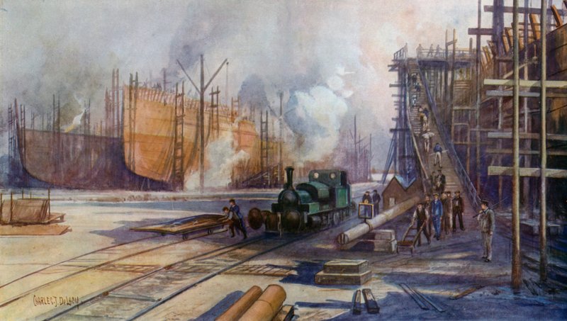 Eine große Werft - eine geschäftige Szene von Charles John de after Lacy
