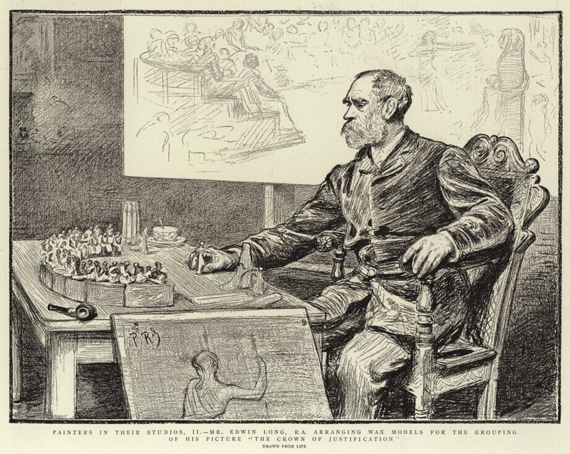 Maler in ihren Ateliers, II, Herr Edwin Long, R A, arrangiert Wachsmodele für die Gruppierung seines Bildes Die Krone der Rechtfertigung von Charles Paul Renouard