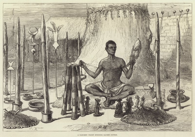 Ein Dahomey-Priester spinnt heilige Baumwolle von Sir John Charles Robinson
