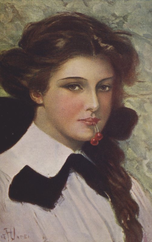 Mädchen mit Kirschen im Mund von Clarence F. Underwood
