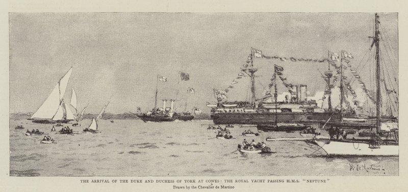Die Ankunft des Herzogs und der Herzogin von York in Cowes, die königliche Yacht passiert die HMS Neptune von Eduardo de Martino