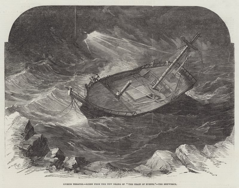 Lyceum Theatre, Szene aus dem neuen Drama Die Kette der Ereignisse, das Schiffswrack von Edwin Weedon
