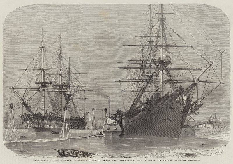 Umladung des Atlantischen Telegraphenkabels an Bord der Agamemnon und Niagara im Keyham Basin von Edwin Weedon