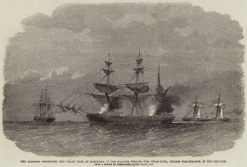 Die Alabama zerstört den Texan Star oder Martaban in der Straße von Malakka, die Kwan-Tung, chinesischer Kriegsschiff, in der Ferne von Edwin Weedon
