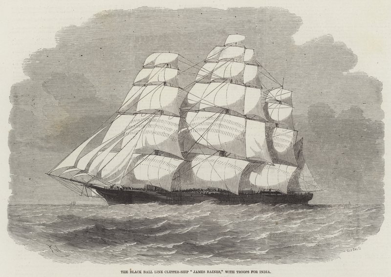 Der Black Ball Line Klipper-Schiff James Baines, mit Truppen für Indien von Edwin Weedon