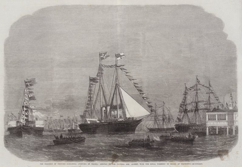 Der Fortschritt von Prinzessin Alexandra (Prinzessin von Wales), Ankunft der Victoria und Albert mit Ihrer Königlichen Hoheit an Bord in Gravesend von Edwin Weedon