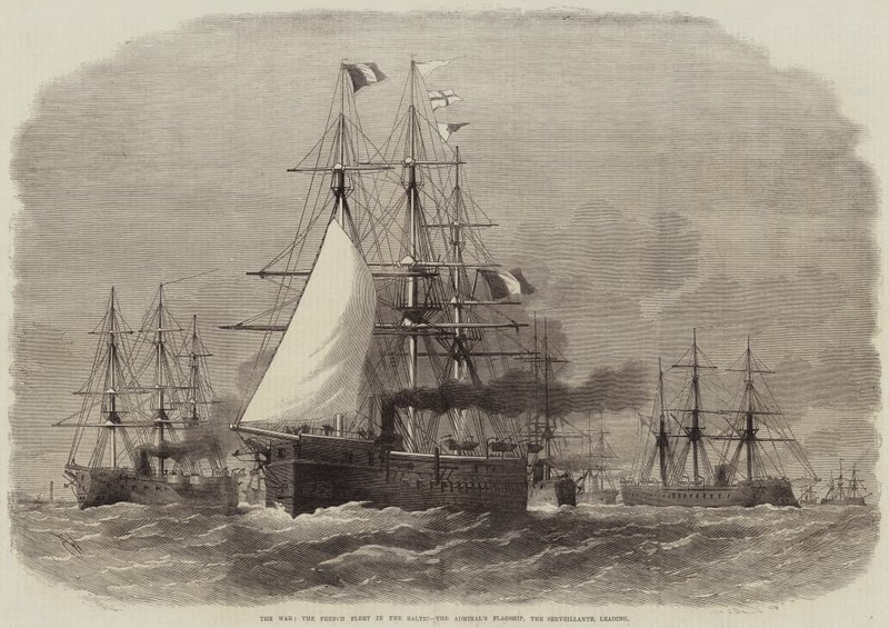 Der Krieg, die französische Flotte in der Ostsee, das Flaggschiff des Admirals, die Serveillante, führt von Edwin Weedon