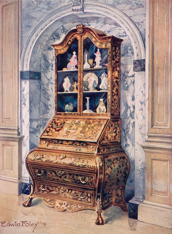 Einlegearbeiten aus Walnussholz Bombe Bureau-Kabinett von Edwin John Foley