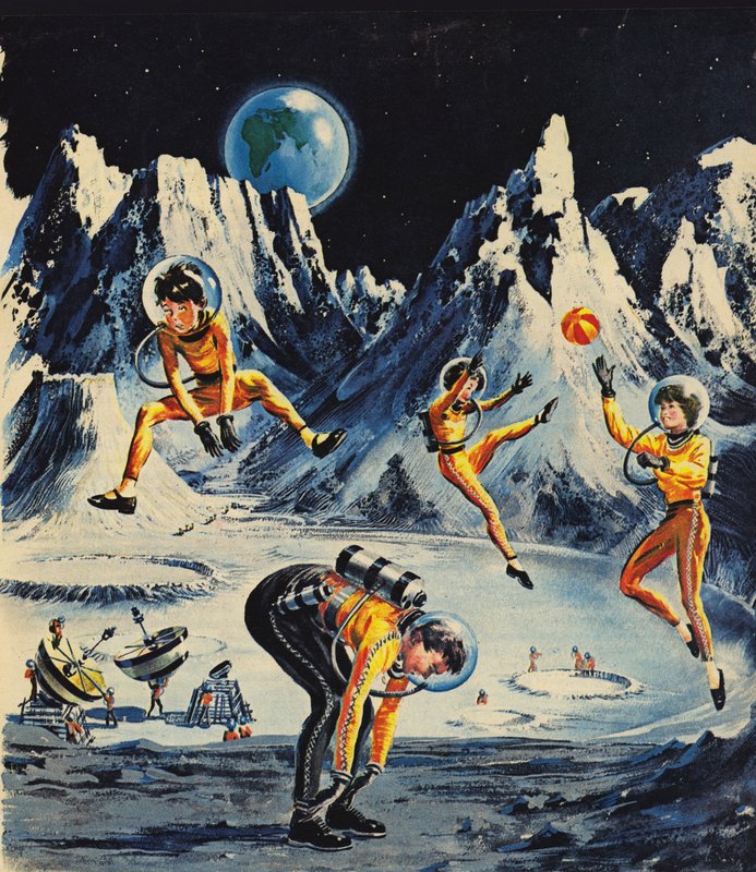 Familie spielt auf dem Mond, wie in den 1960er Jahren vorgestellt von English School